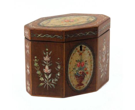 A pretty George III mahogany tea caddy, circa 1780, of elongated hexagonal form and veneered in fiddle mahogany, the lid poly