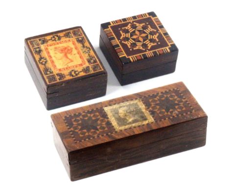 Three Tunbridge ware stamp boxes, comprising a small rosewood example with stick ware lid, remnants of label to base for Edmu