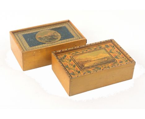 Two early Tunbridge ware white wood print and paint decorated rectangular boxes, both with sliding lids and plain sides, the 