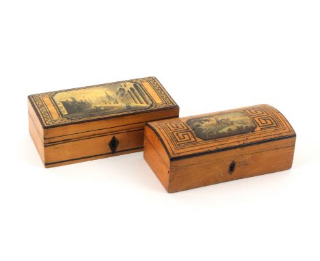 Two small early Tunbridge ware print and pen work decorated white wood boxes, each of rectangular form, one with line painted