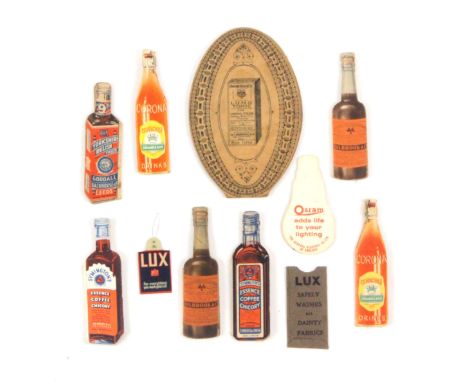 Card needle books, etc., bottle form examples comprising Corona Orangeade, 8.5cms x 2 / Holbrook and Co, Worcestershire Sauce