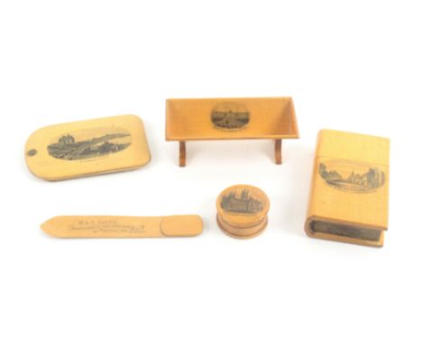 Mauchline ware - five pieces, comprising a rare bookmark knife (W. and A. Smith Manufacturers of Fancy Wood Ware, Mauchline A