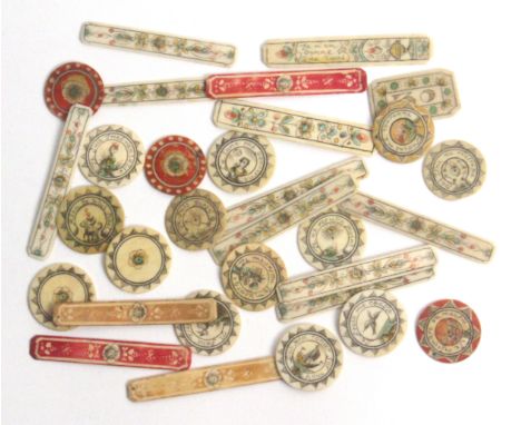 A collection of complex French engraved bone and colour painted gaming counters in the style of Mariaval le Jeune, Paris, com
