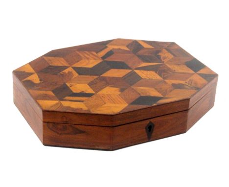 A Tunbridge ware cube decorated rosewood card box of octagonal form, the lid with a panel of cubes over plain sides, the inte