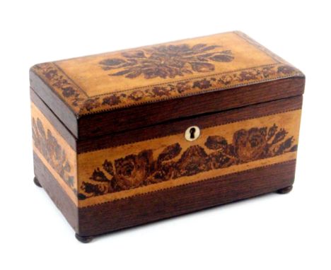 A Tunbridge ware rosewood tea caddy, the cushion form lid with inset floral mosaic within an outer border of floral mosaic, t