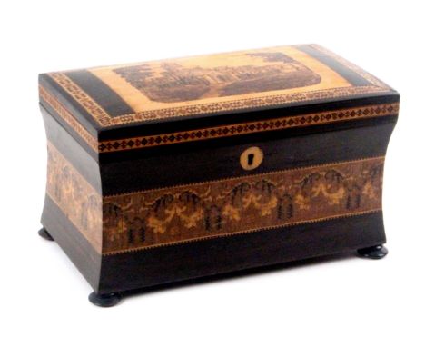 A good Tunbridge ware coromandel wood tea caddy attributed to Henry Hollamby, of rectangular form, the cushion lid with inset
