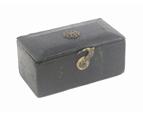 A Georgian green leather rectangular sewing box for a child, circa 1820, the chamfered lid with central gilt metal interwoven