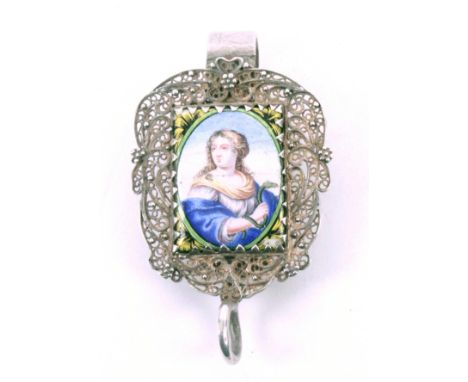 An attractive continental silver filigree and enamel chatelaine mount, the hook to a shield form filigree panel set with a re