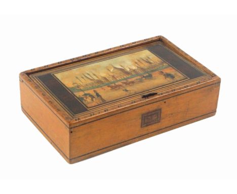 An early Tunbridge ware white wood print and paint decorated rectangular box, the sides with simple line decoration and with 