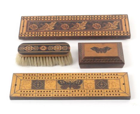 Tunbridge ware - four pieces, comprising a rectangular rosewood paperweight of canted rectangular form, the top with inset ce