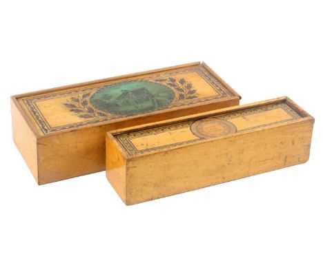 Two early Tunbridge ware white wood print and paint decorated boxes, both of rectangular form with plain sides and sliding li