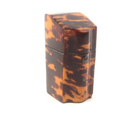 A Georgian tortoiseshell etui of knife box form, the lid interior in red velvet with mirror over a bone swivel tablet, steel 