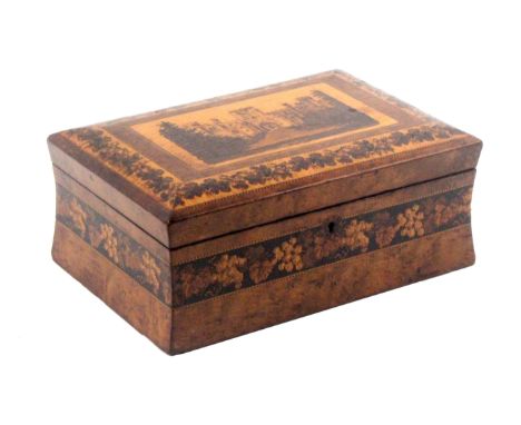 A Tunbridge ware burr maple box attributable to Henry Hollamby, of rectangular form, the cushion lid with inset mosaic panel 
