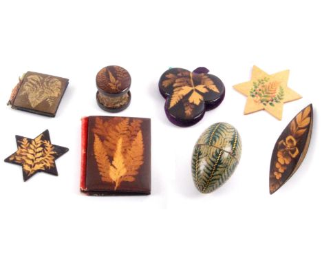 Fern ware - eight pieces, sewing, six in silhouette on brown comprising a scarce netting shuttle, 7.8cms, a star form winder,