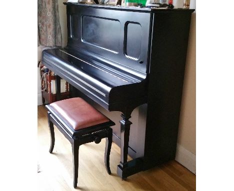 Steinway (c1925)
A model K upright piano in a mahogany case; together with a stool.  AMENDMENT  Is in a satin ebonised case.