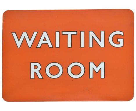 BR (NE) single-sided dark tangerine enamel 'WAITING ROOM' sign. 60.6cm (24in) wide, 45.5cm (18in) high.Qty: 1Condition report