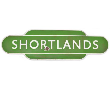BR(S) light green enamel totem for 'SHORTLANDS' from the former SECR station between Beckenham and Bromley. 92.5cm (36.5in) w