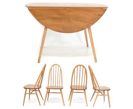 Ercol drop leaf elm dining table with four elm hoop back chairs. Leaves down 102cm (44in) wide, 66cm (26in) deep, 72cm (28.5i