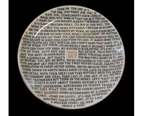 Grayson Perry O.B.E., R.A. (British 1960-) 100% Art Plate, 2020 fine china plate, with artist's seal printed to base, produce