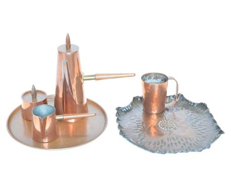 Mixed lot of copper to include an Arts &amp; Crafts hammered tray with a flower motif to the centre, hammered copper beaker a