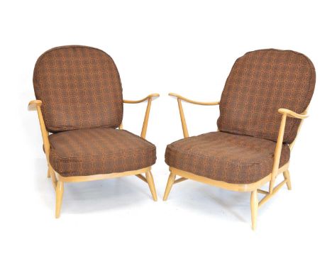 Pair of reupholstered Ercol elm and beech model 203 Windsor armchairs, arched bentwood with stick backs, elm seats and splay 