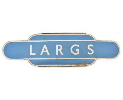 BR(SC) light blue enamel totem for 'LARGS'. Largs railway station is a railway station in the town of Largs, North Ayrshire, 