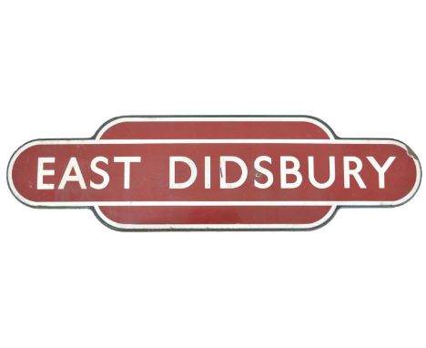 BR(M) maroon enamel totem for 'EAST DIDSBURY'. East Didsbury Station was opened in 1909 by the London and North Western Railw
