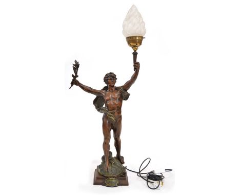 French bronze effect spelter figural table lamp after Louis Moreau formed as a man astride a square plinth, semi-clad and hol