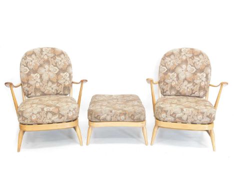 Pair of Ercol elm and beech model 203 Windsor armchairs, arched bentwood with stick backs, elm seats and splay supports and a