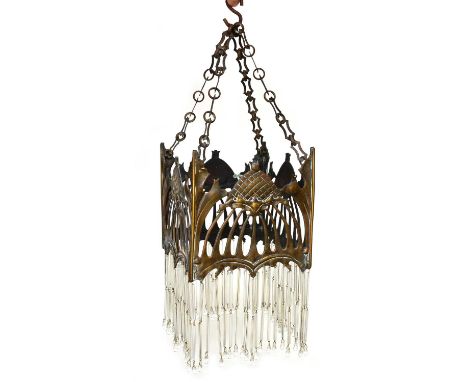 Art Nouveau Jugendstil chandelier light, square section brass panels with pierced whiplash design supporting glass droplets. 