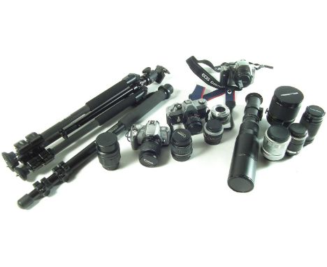 Large collection of photograph equipment, to include three Canon Cameras, a TX SLR with 50mm 1:1.8, 28mm 1:2.8, EOS 300v with