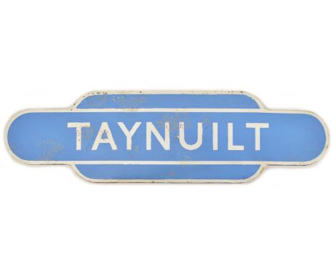 BR(SC) light blue enamel totem for 'TAYNUILT'.Taynuilt railway station is a railway station serving the village of Taynuilt i