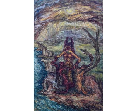 Vera Cuningham (British 1897-1955) "Surreal Landscape with Figures", signed and dated '53, oil on canvas.133.5cm x 82cm (52.5