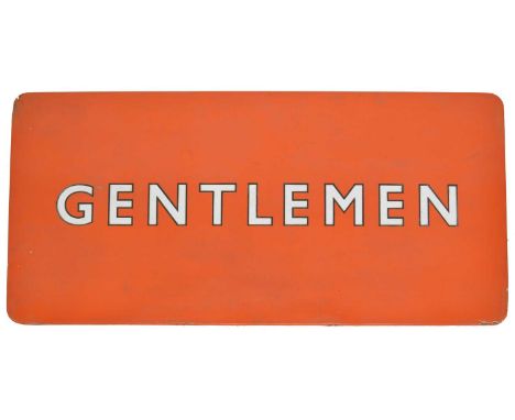 BR (NE) single-sided dark tangerine enamel 'GENTLEMEN' sign. 91.5cm (36in) wide, 45.5cm (18in) high.Qty: 1Condition report: T