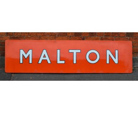 BR (NE) Large single-sided dark tangerine enamel 'MALTON' sign with black piping. This is for the Grade II listed station whi