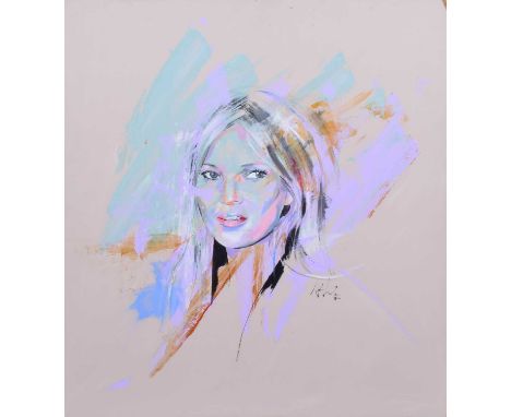 Annabel Thornton S.W.A. (20th/21st century) Portrait of Kate Moss, signed, acrylic on board, unframed.59cm x 55cm (23.25in x 