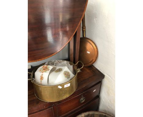 A brass pan, two glass light shades and a bed warming pan 