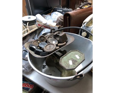 An Aluminium jam pan and an old set of scales and weights 