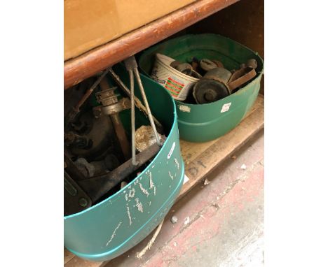 Window sash weights and 2 green tubs of sliding door gear, castors etc 