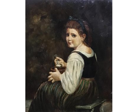 19th century British School, Portrait of a girl eating soup, oil on copper, H.25.5cm W.20cm 