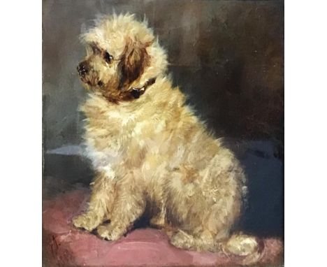 19th century school, Portrait of a white terrier, oil on card, signed, inscribed to verso H.17cm W.16cm 