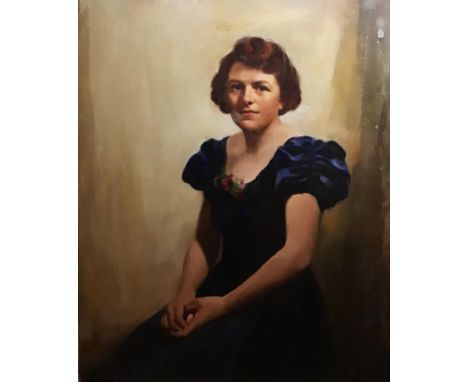 20th century British School, portrait of a lady in blue, oil on canvas, signed 'Wilson', H.90cm W.70cm 