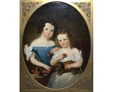 19th century school, Portrait of two girls with strawberries, oil on canvas, H.75cm W.62cm