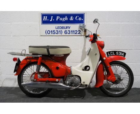 Honda 50 moped, 1963, 49cc.Engine no. 70593Frame no. 014152Runs and rides, carburettor has been cleaned.Reg. LCL 531A, V5 and
