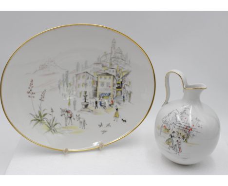 2 Teile vintage Porzellan "Hutschenreuther", Krug und Platte, Handmalerei, 50-er Jahre Italien Dekor, Platte 27x23 cm, Krug H