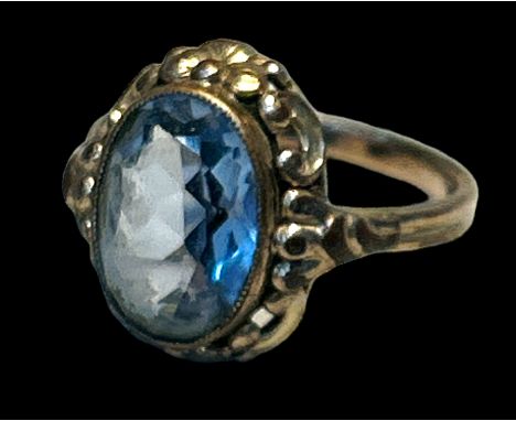 vintage Double-Ring mit hellblauen Stein, undeutl. gemarkt, RG 59