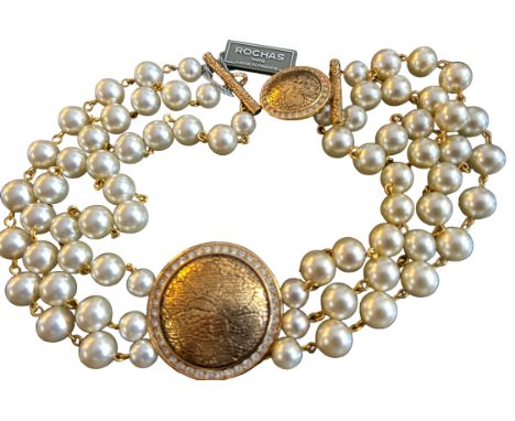 Vintage Perlen-Collier "Bijou Rochas" Paris, vergoldete Schliessen mit klaren Steinen, ungetragen mit  orig. Etikett, Kunstpe