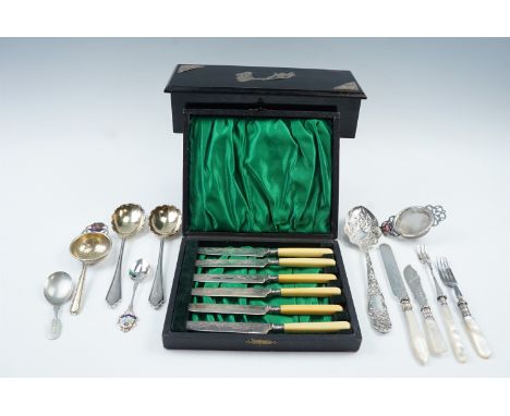 A silver-mounted ebony gloves box together with a cased set of electroplate tea knives and sundry other items of vintage elec