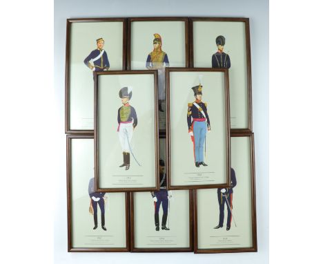 After P H Smitherman A set of British army uniform studies, Napoleonic and later, uniformly framed under glass, 35 cm x 19 cm