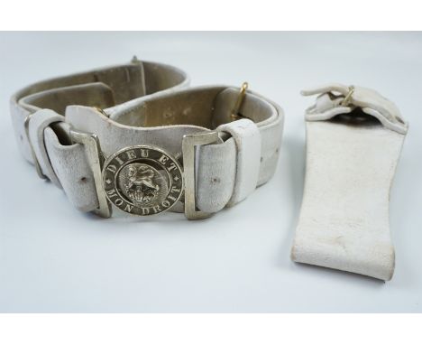 A British army buff leather belt with Victorian volunteer pattern buckle and bayonet frog